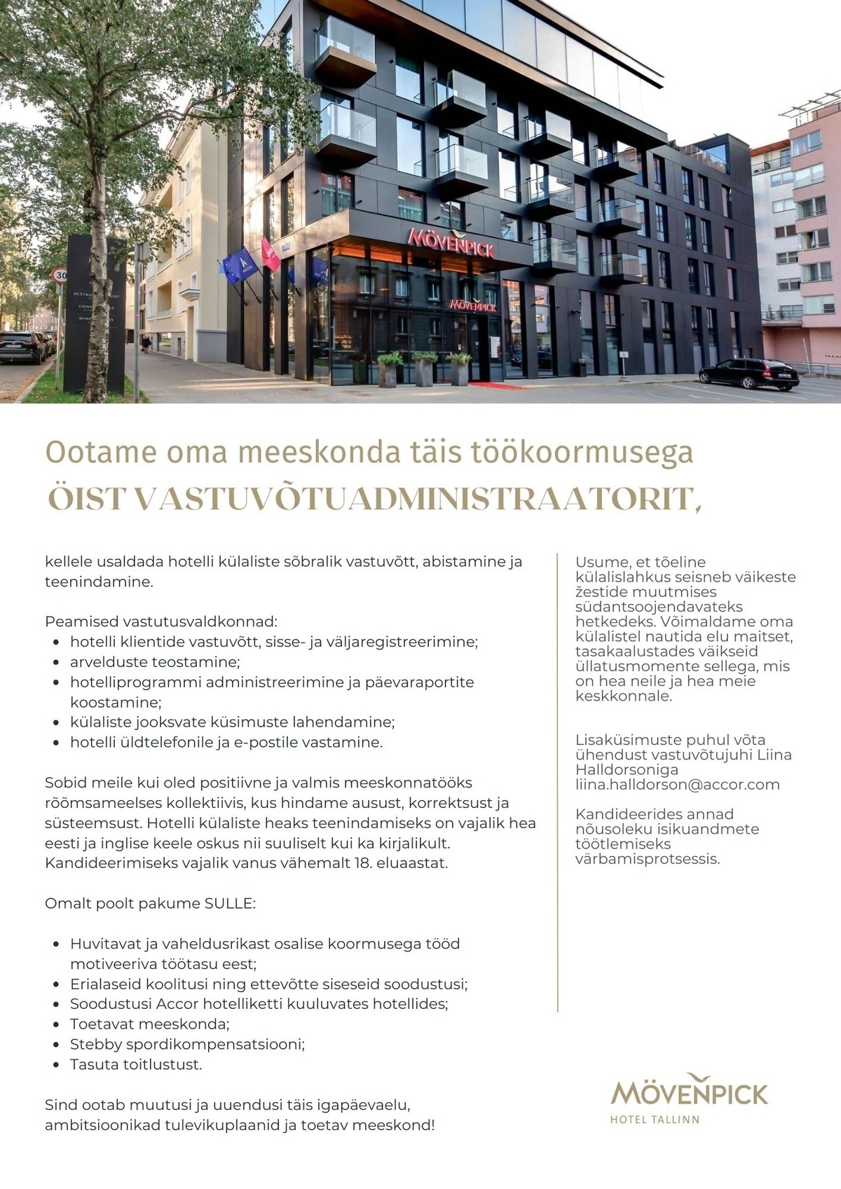 Duco MP OÜ Öine vastuvõtuadministraator - liitu Mövenpick Hotel Tallinn meeskonnaga!