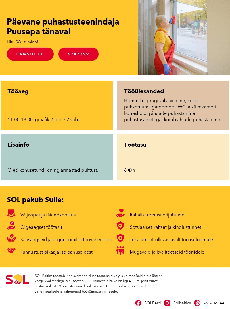 SOL Baltics OÜ Päevane puhastusteenindaja Puusepa tänaval