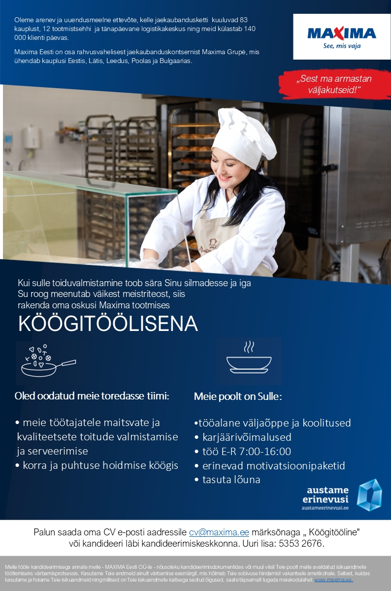 Maxima Eesti OÜ Köögitööline Lasnamäe Maximas