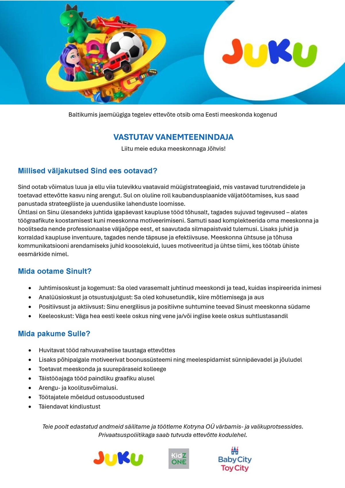 Kotryna OÜ Vastutav vanemteenindaja Jõhvi Juku kaupluses