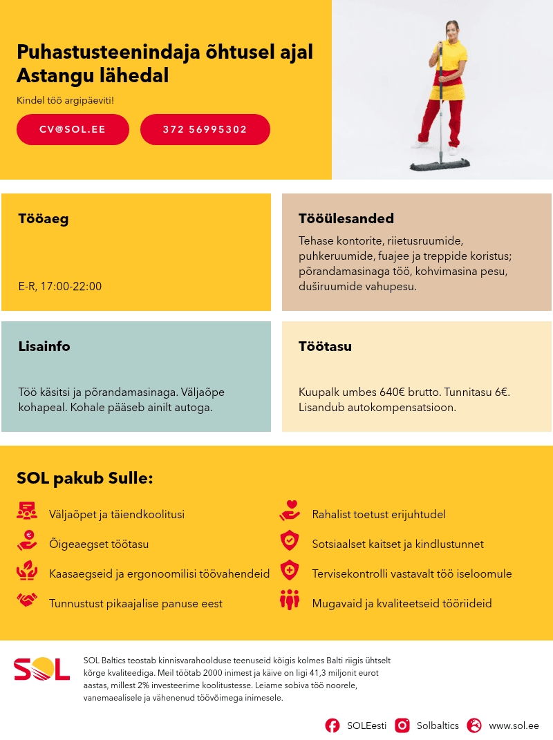 SOL Baltics OÜ Puhastusteenindaja õhtusel ajal Astangu lähedal