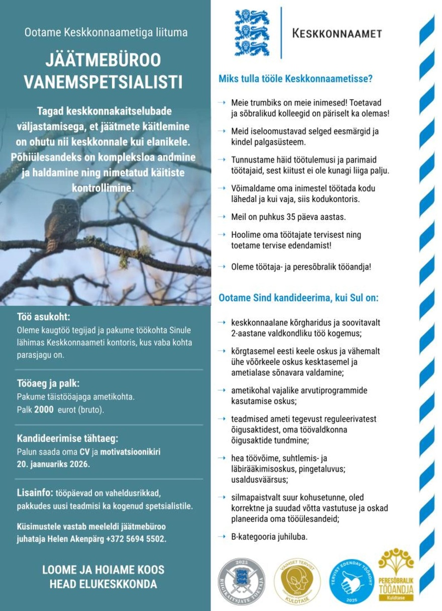 Keskkonnaamet Ringmajanduse osakonna jäätmebüroo vanemspetsialist