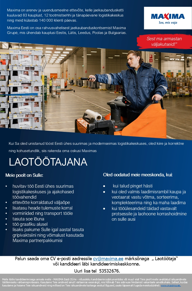 Maxima Eesti OÜ Laotöötaja Maxima Logistikakeskuses