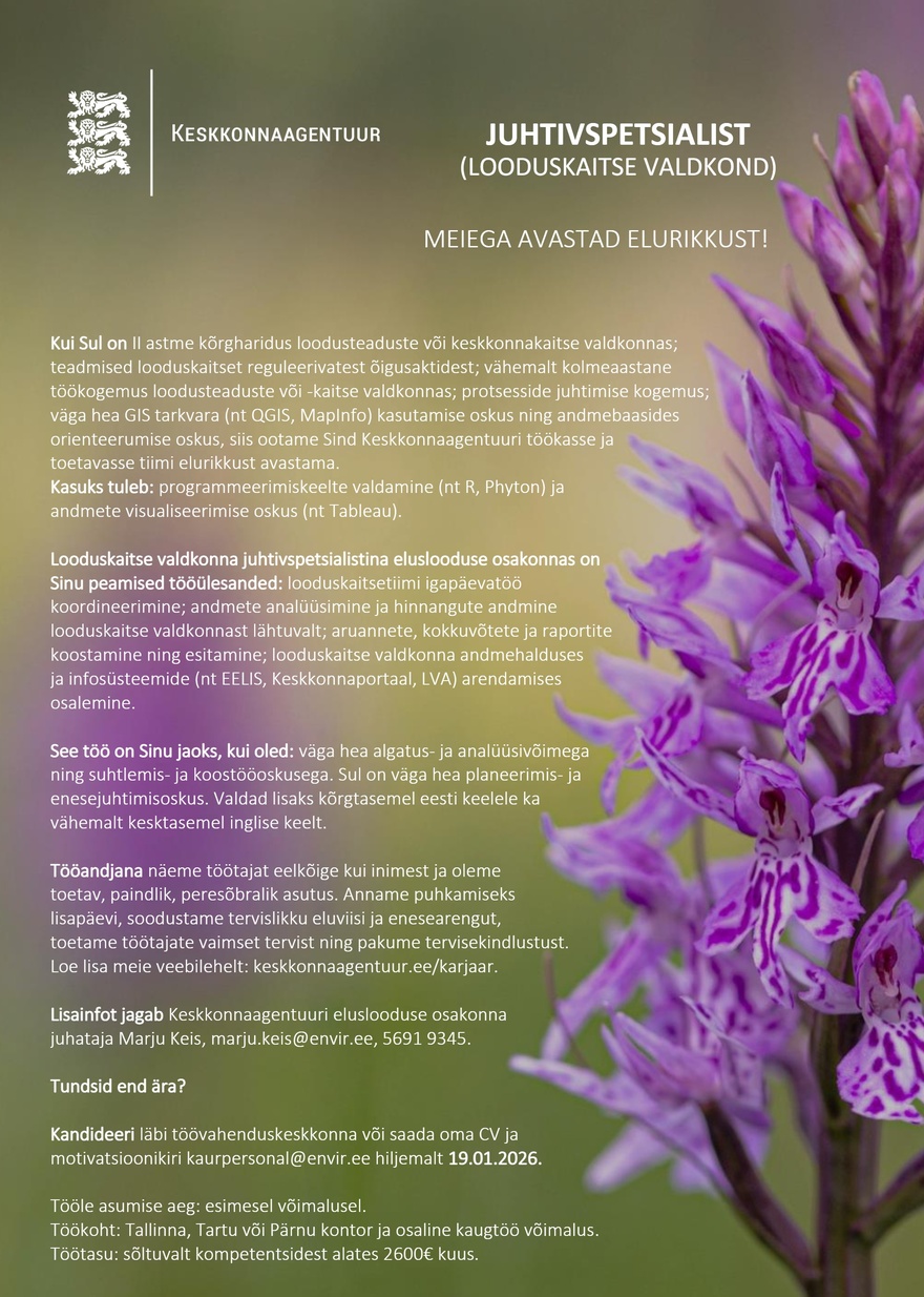Keskkonnaagentuur JUHTIVSPETSIALIST (LOODUSKAITSE VALDKOND)