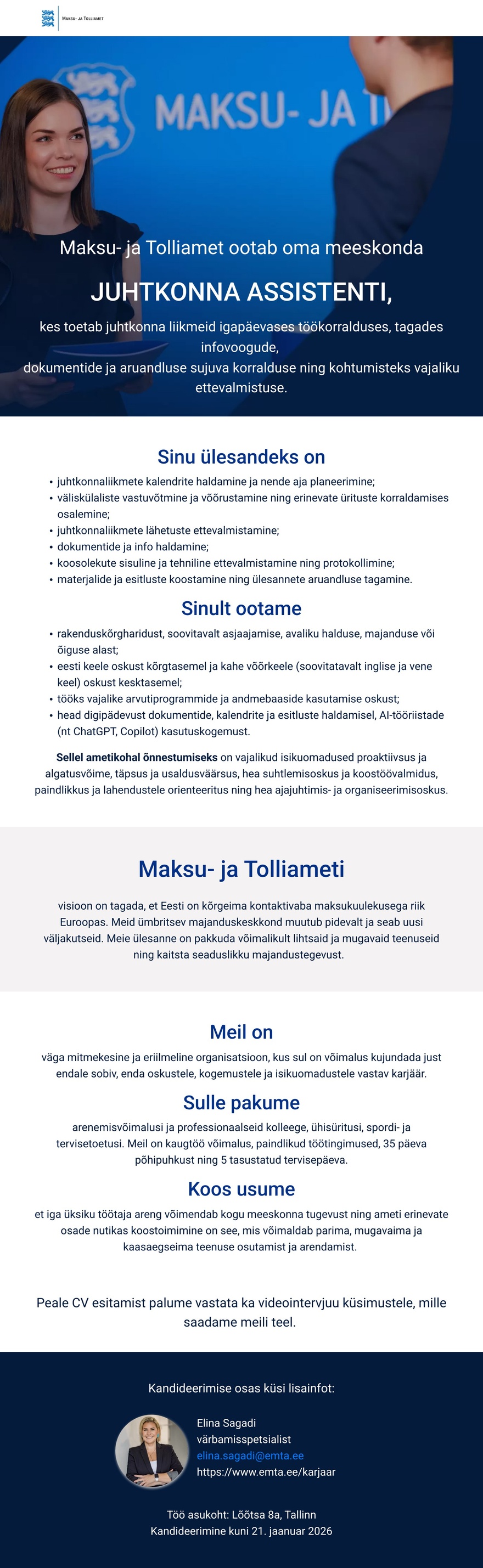 Maksu- ja Tolliamet Juhtkonna assistent