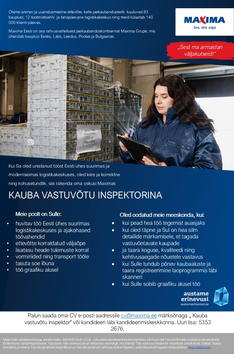 Maxima Eesti OÜ Kauba Vastuvõtu inspektor Maxima Logistikakeskuses