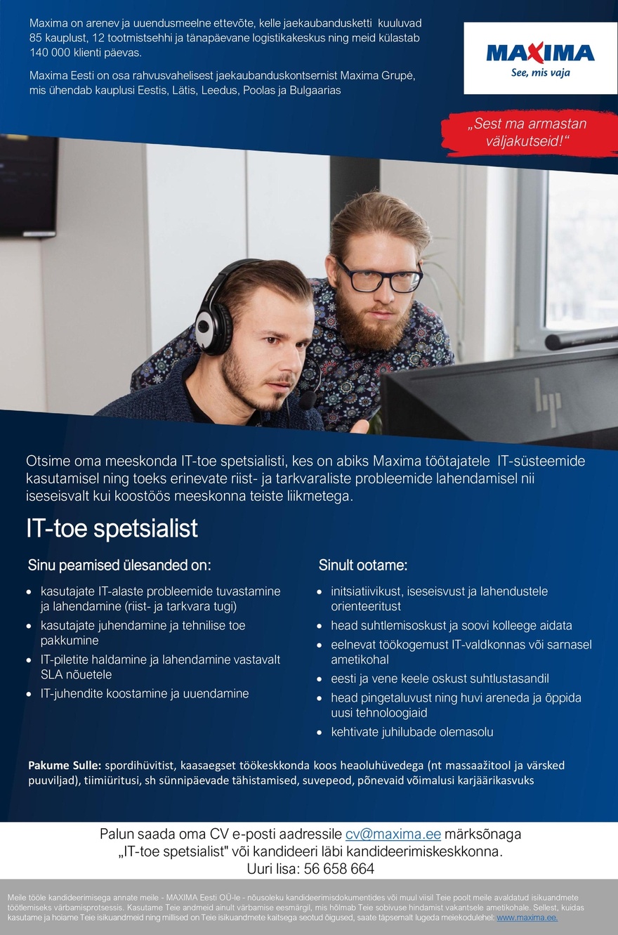 Maxima Eesti OÜ IT-toe spetsialist