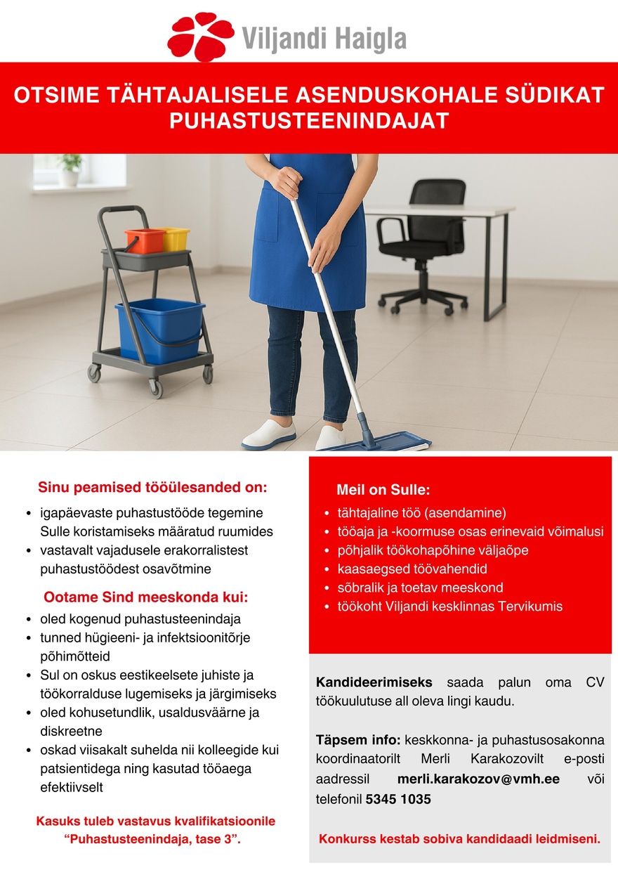 SA Viljandi Haigla Puhastusteenindaja (tähtajaline)