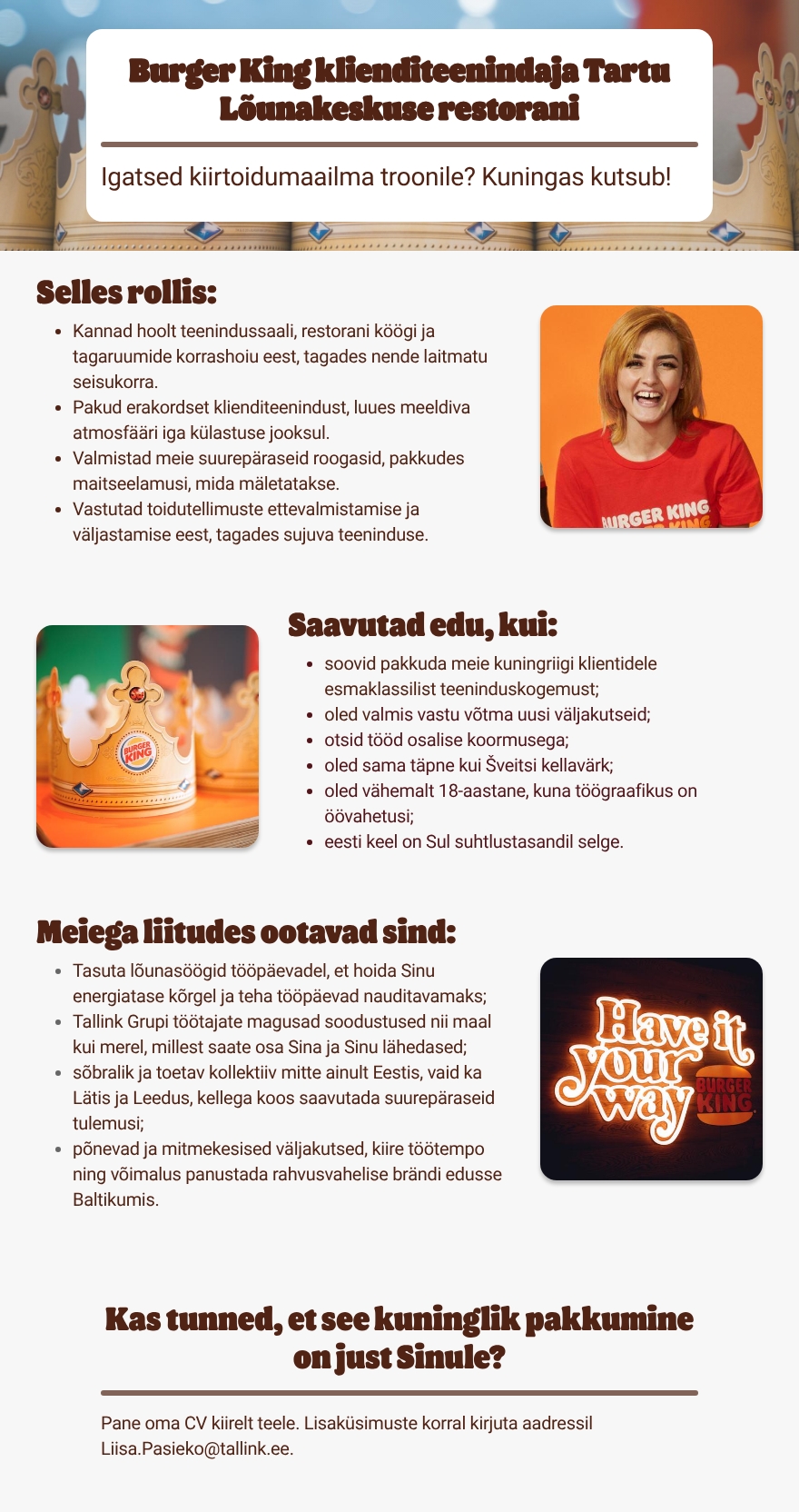 Tallink Grupp AS Tartu Burger King klienditeenindaja