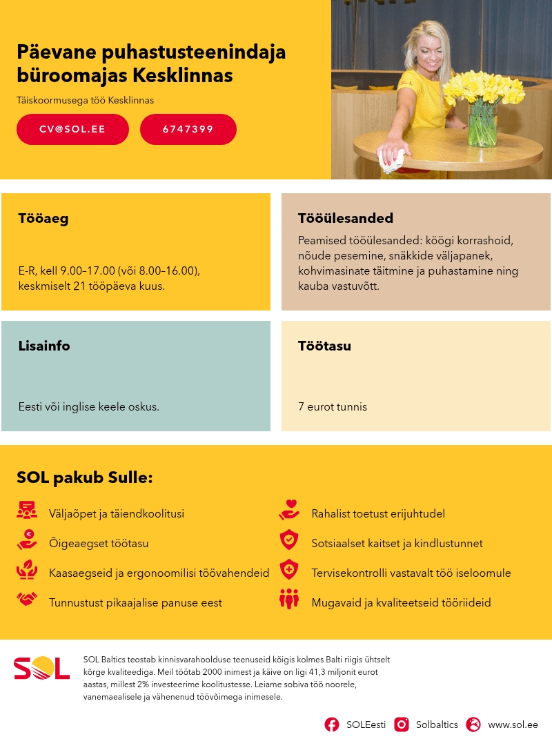 SOL Baltics OÜ Päevane puhastusteenindaja büroomajas Kesklinnas
