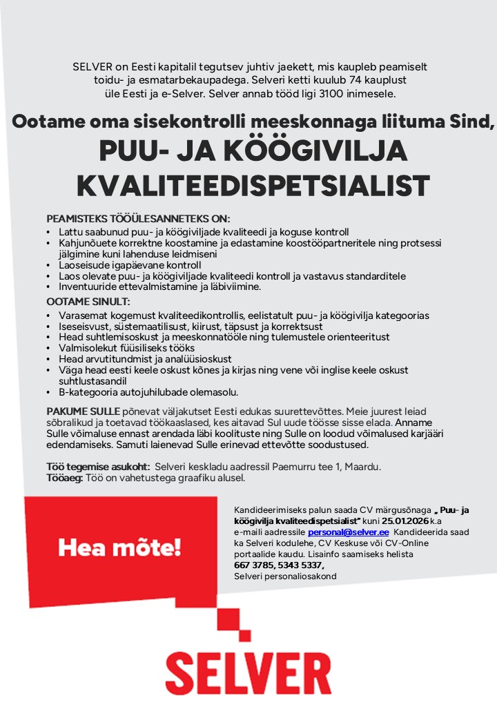 Selver Puu- ja köögivilja kvaliteedispetsialist