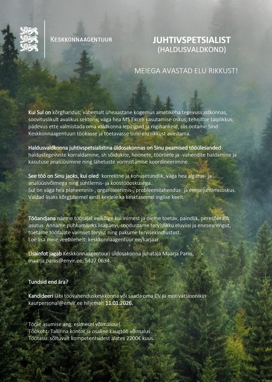 Keskkonnaagentuur JUHTIVSPETSIALIST (HALDUSVALDKOND)