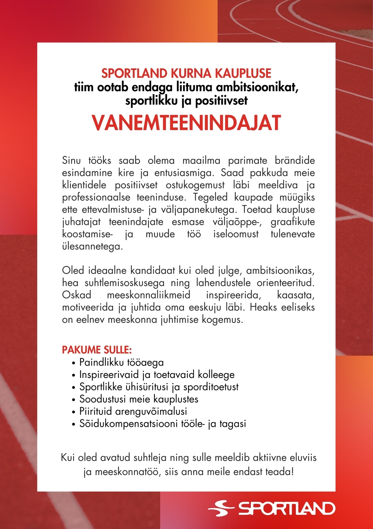 Sportland Eesti Sportland Kurna vanemteenindaja