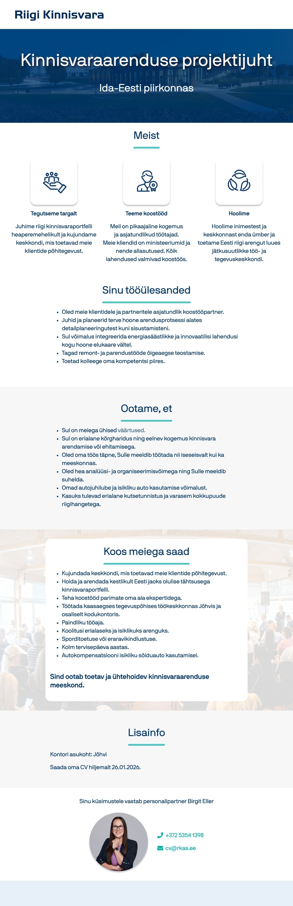 Riigi Kinnisvara AS Kinnisvaraarenduse projektijuht (Ida-Eesti)