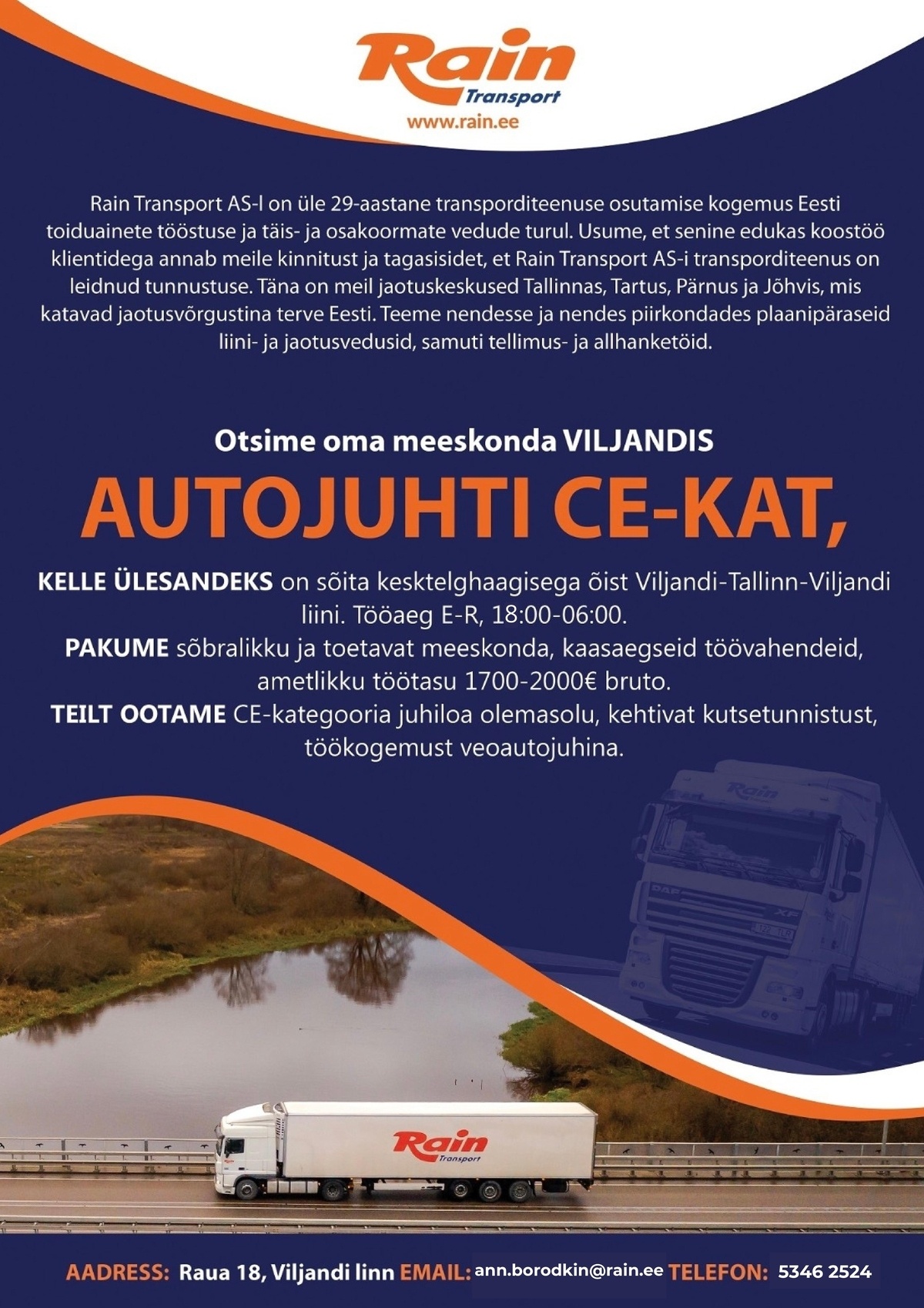 Rain Transport AS Veoautojuht CE-kat