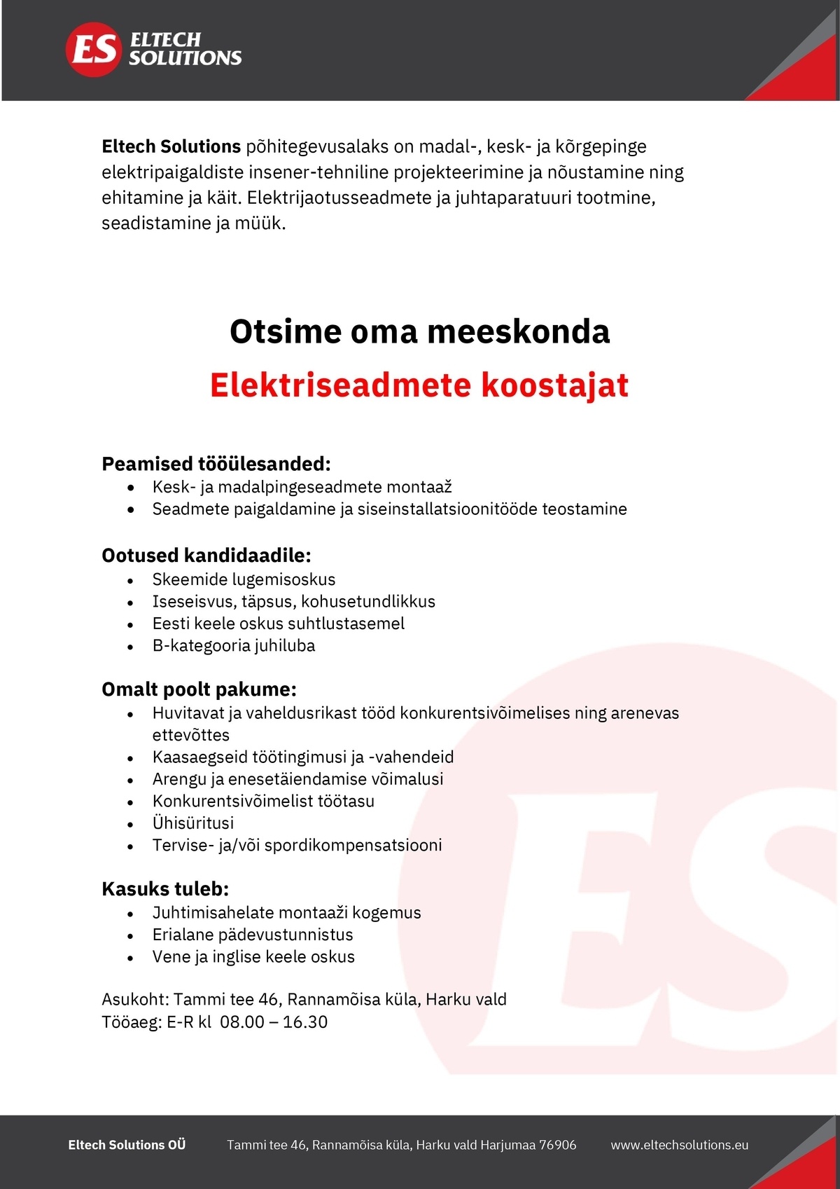 Eltech Solutions OÜ Elektriseadmete koostaja