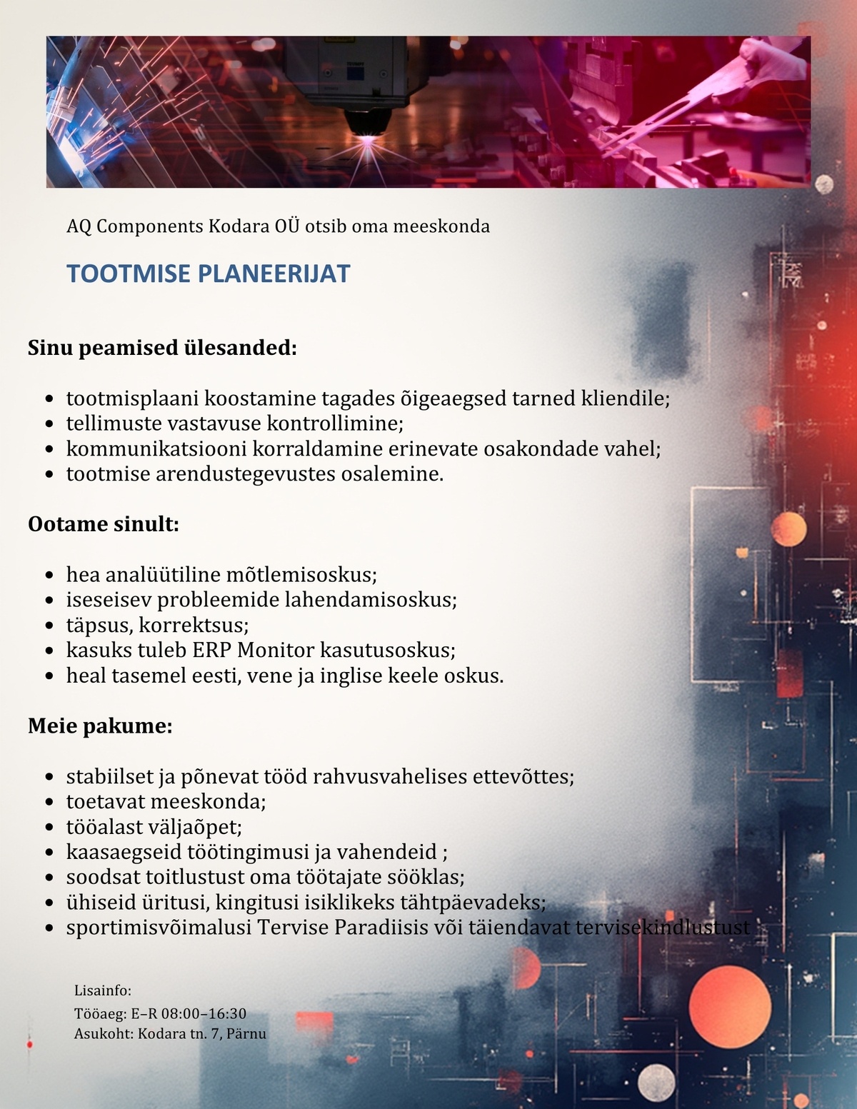 AQ Components Kodara OÜ Tootmise planeerija