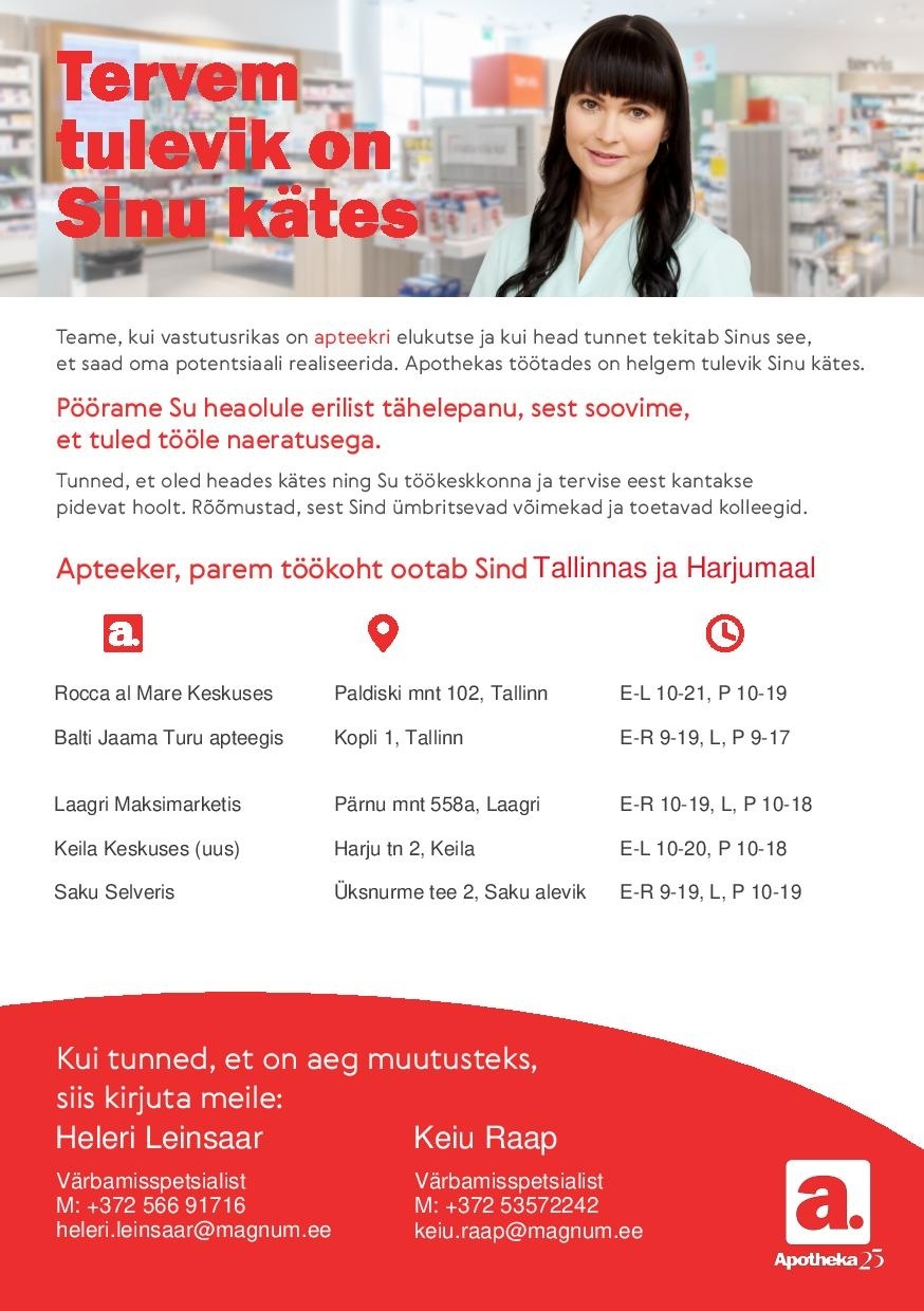 Apotheka Proviisor või farmatseut Tallinna ja Harjumaa Apotheka apteeki