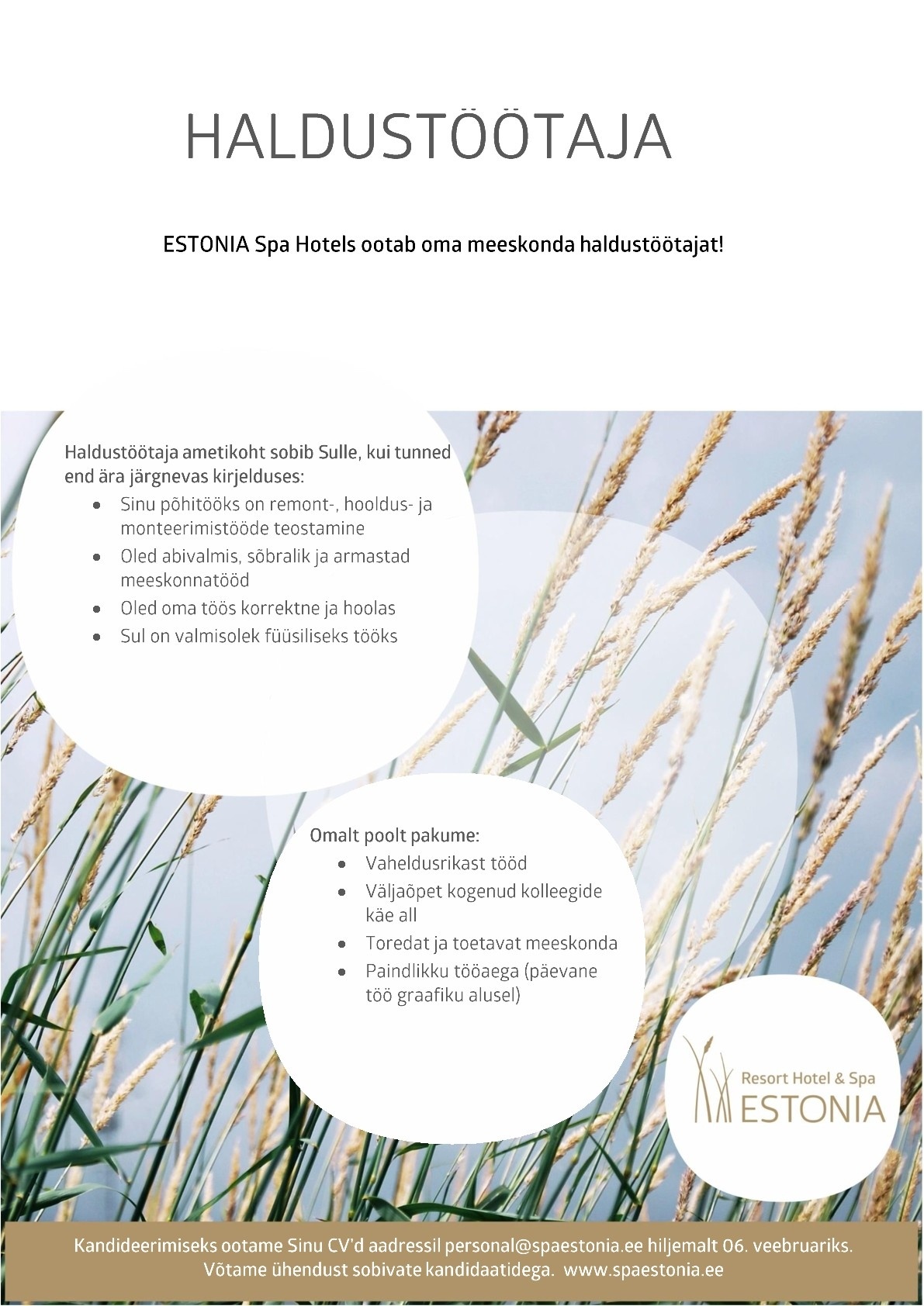 Estonia Spa Hotels AS Haldustöötaja Estonia Spa Hotels´is