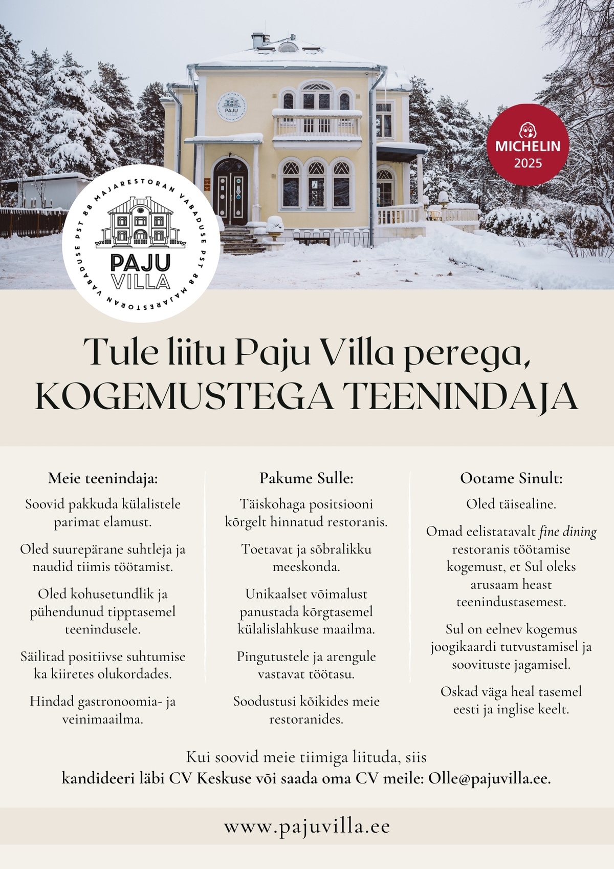 Paju Villa - OKO Restoranid OÜ KOGEMUSTEGA TEENINDAJA Paju Villasse