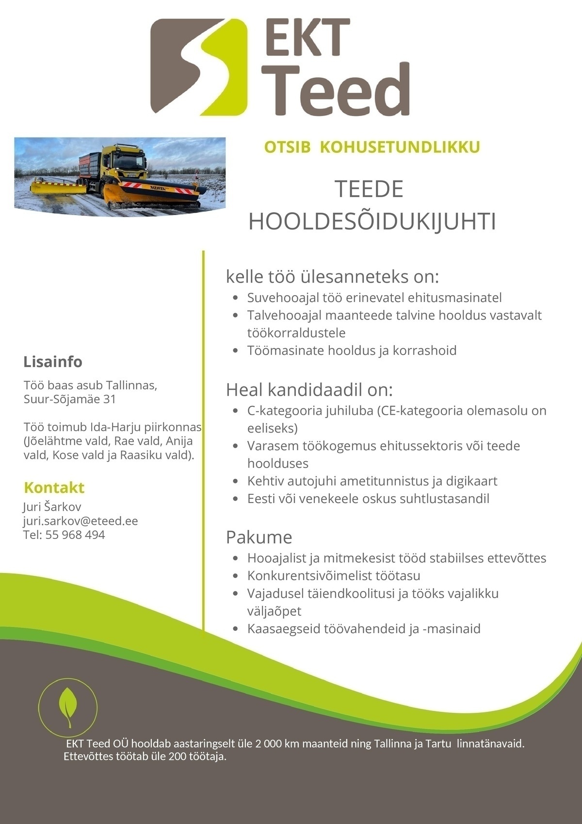 EKT Teed OÜ Teede hooldesõidukijuht