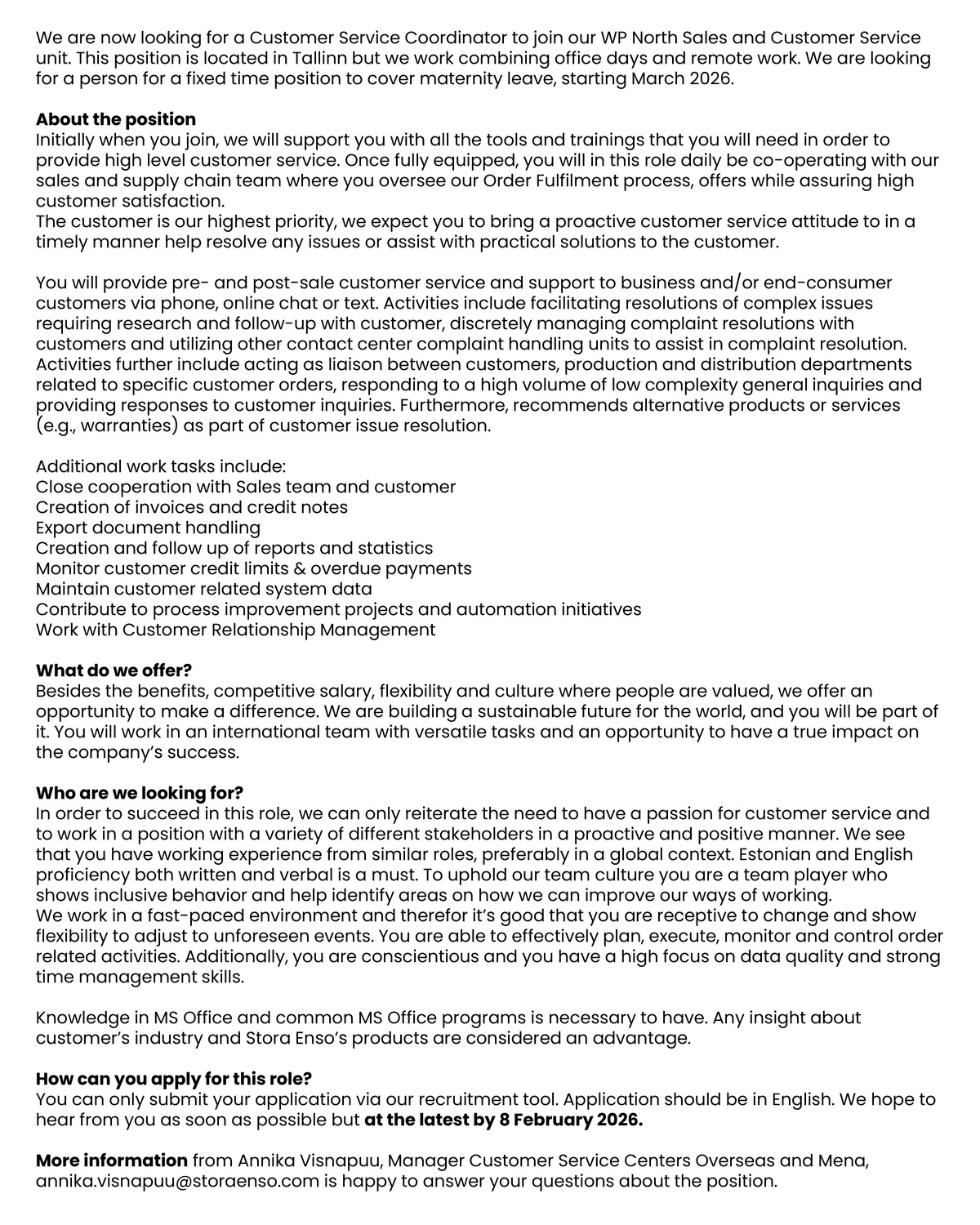 Stora Enso Eesti AS Customer Service Coordinator