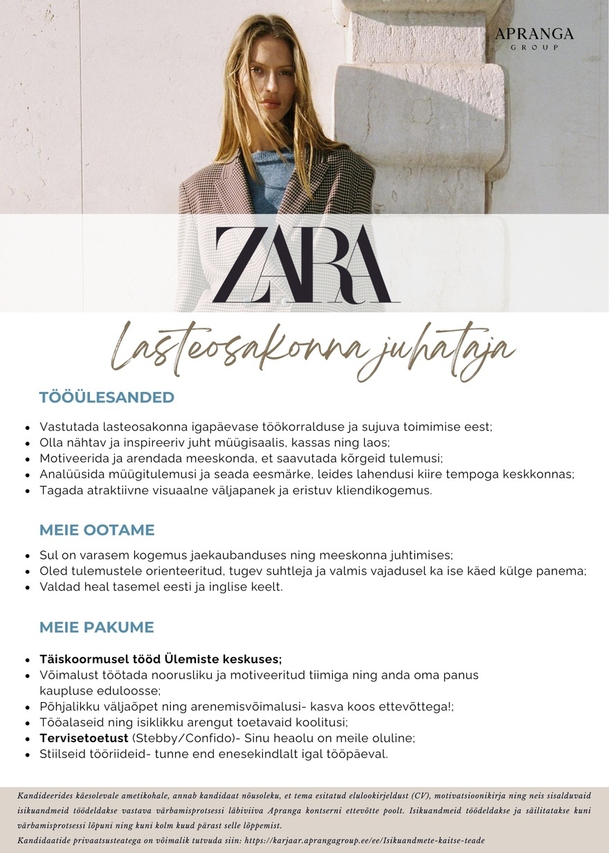 Apranga OÜ ZARA Ülemiste lasteosakonna juhataja