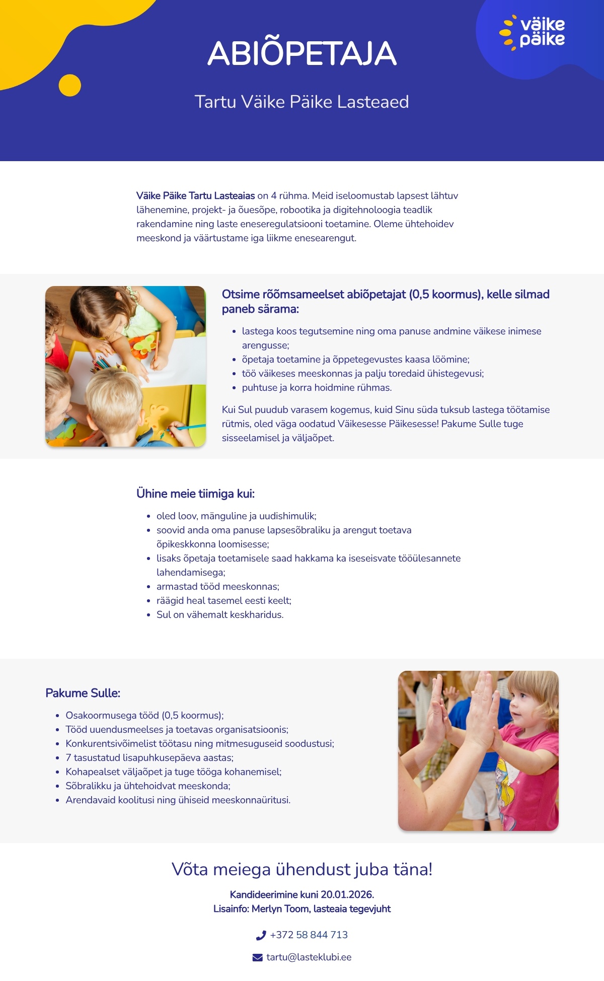 Tartu Väike Päike Tiigi Lasteaed Abiõpetaja