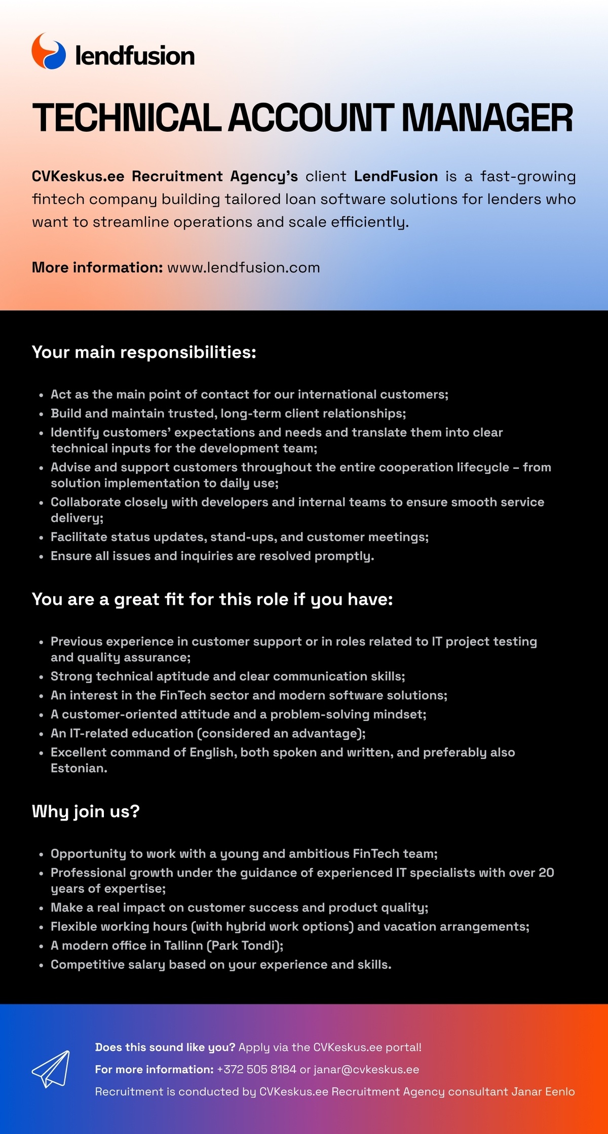 Lendfusion OÜ TECHNICAL ACCOUNT MANAGER