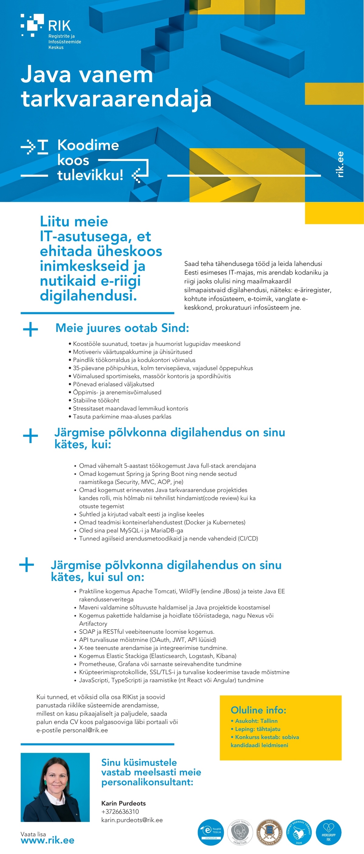 Registrite ja Infosüsteemide Keskus JAVA VANEM TARKVARAARENDAJA