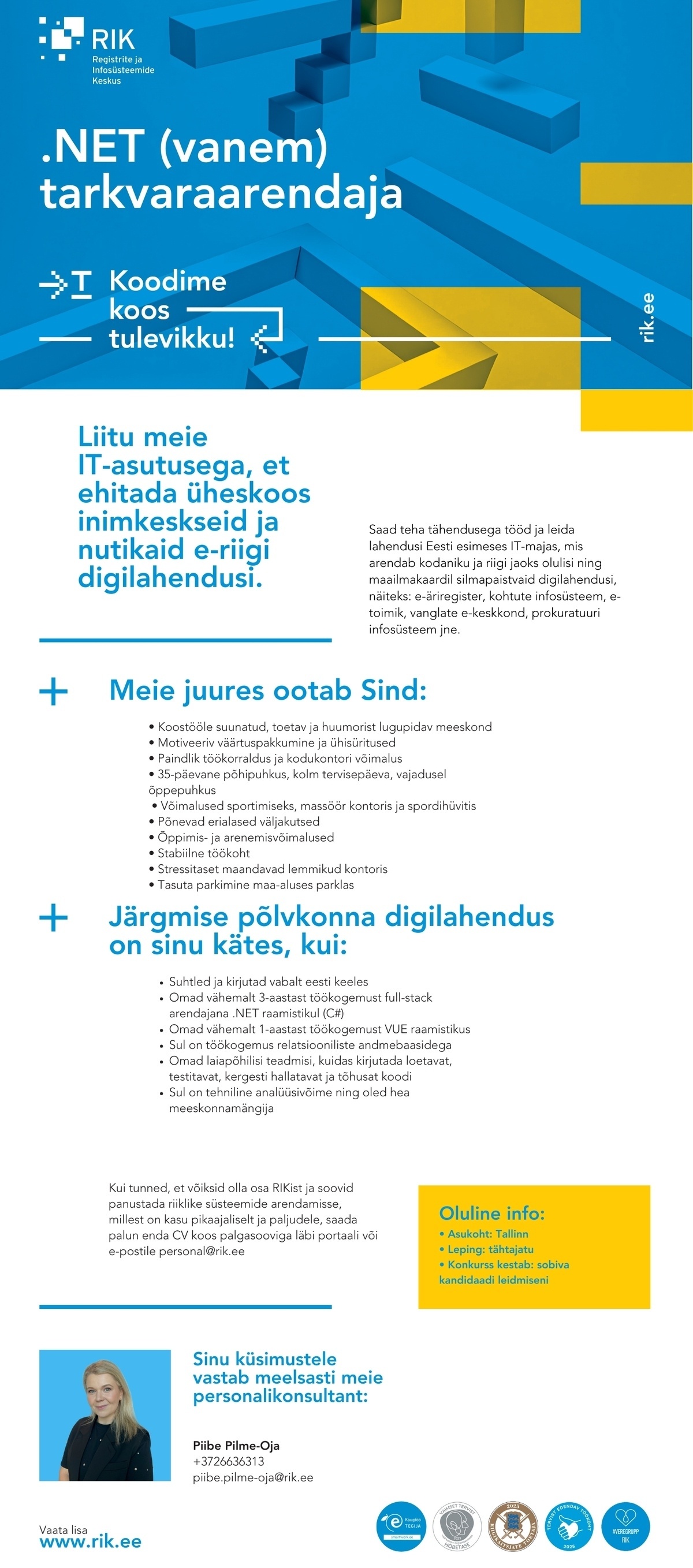 Registrite ja Infosüsteemide Keskus .NET (vanem) tarkvaraarendaja