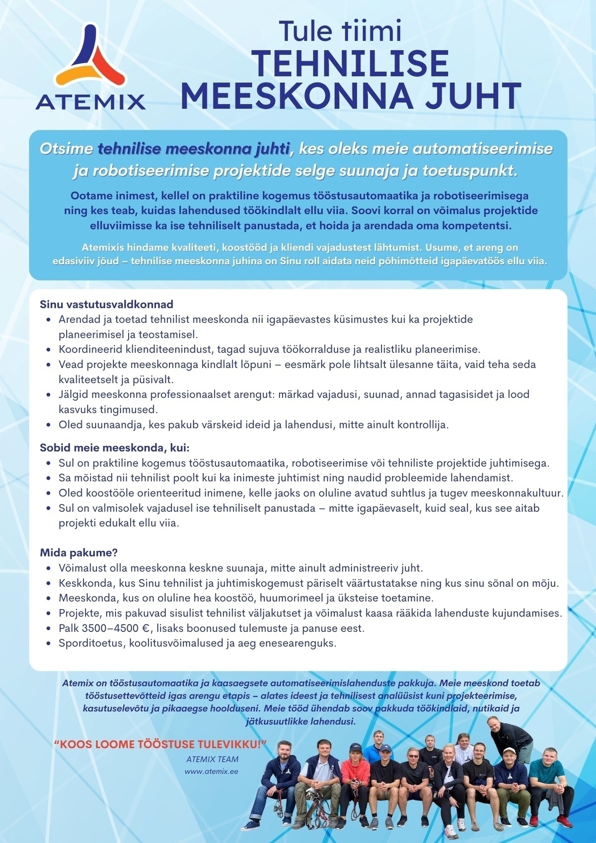 ATEMIX TÖÖSTUSAUTOMAATIKA OÜ Tehnilise meeskonna juht