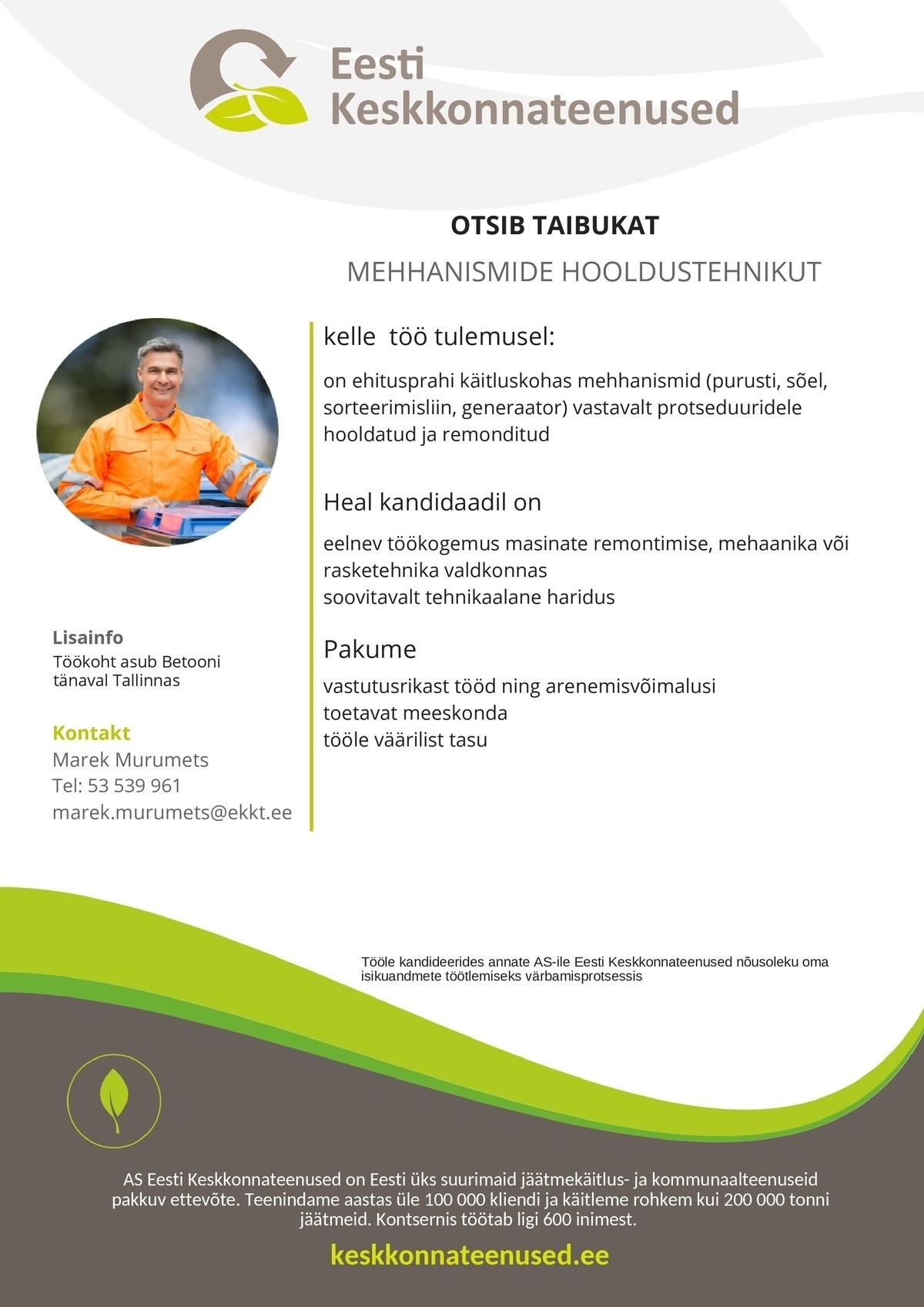 AS Eesti Keskkonnateenused Mehhanismide hooldustehnik