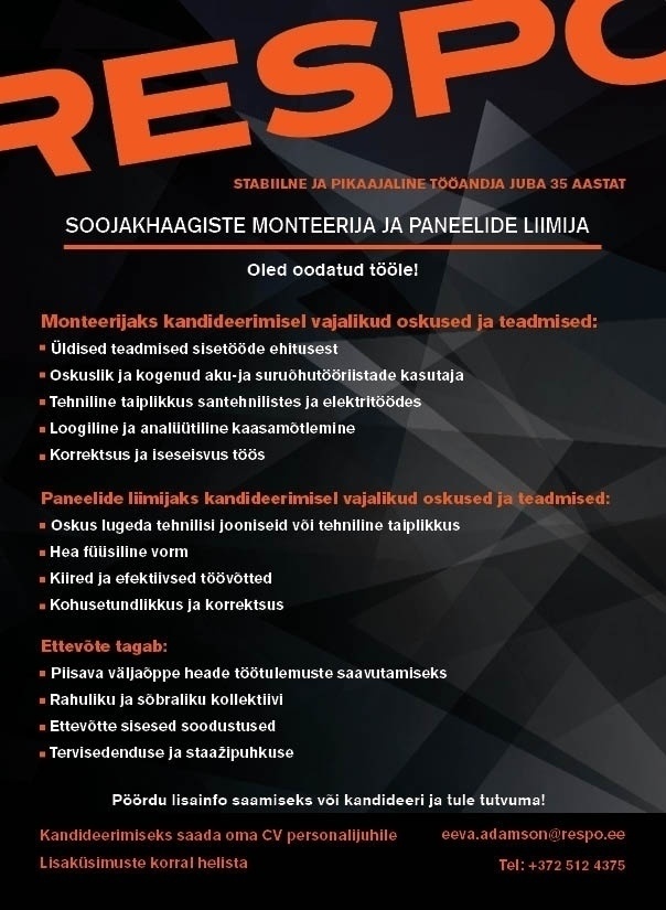 Respo Haagised AS SOOJAKHAAGISTE MONTEERIJA JA PANEELIDE LIIMIJA