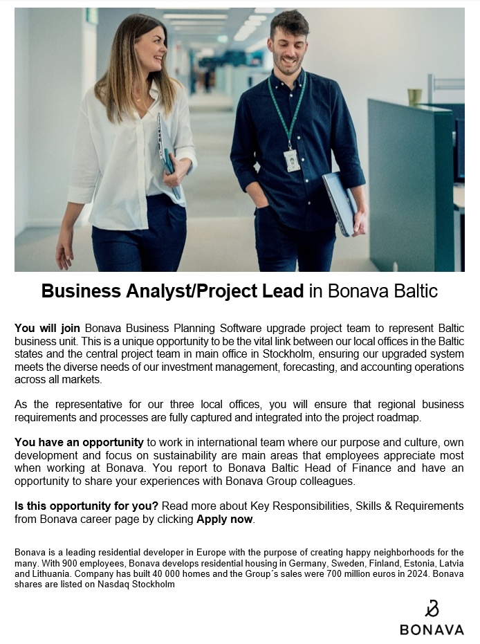 BONAVA EESTI OÜ Business Analyst/Project Lead in Bonava Baltic