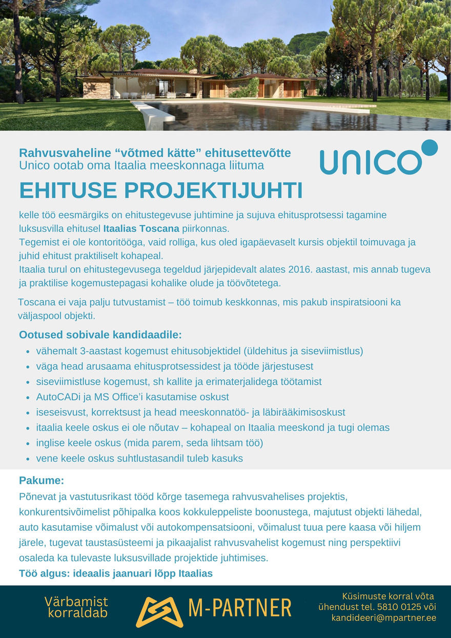 M-Partner HR Ehituse projektijuht Itaaliasse