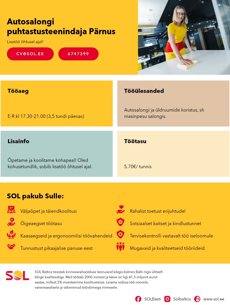 SOL Baltics OÜ Autosalongi puhtastusteenindaja Pärnus