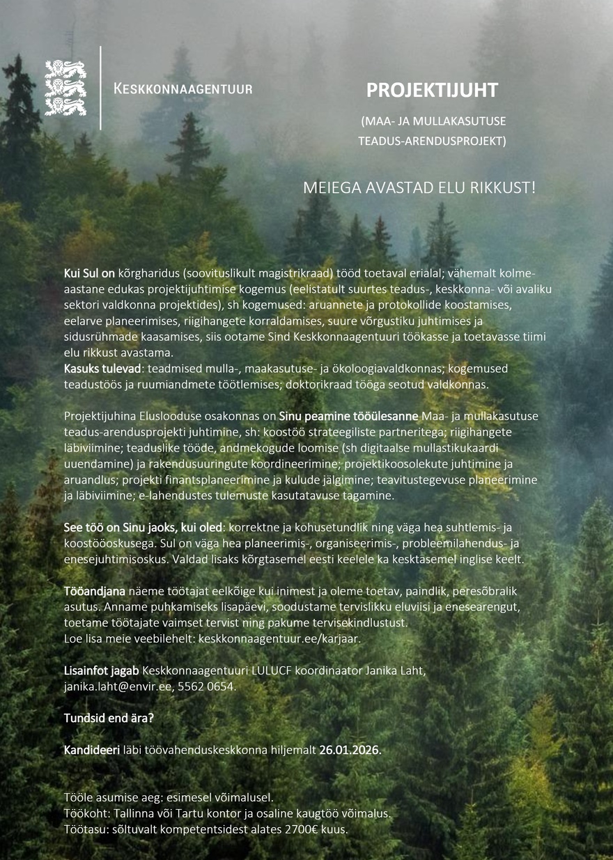 Keskkonnaagentuur PROJEKTIJUHT (Maa- ja mullakasutuse teadus-arendusprojekt)