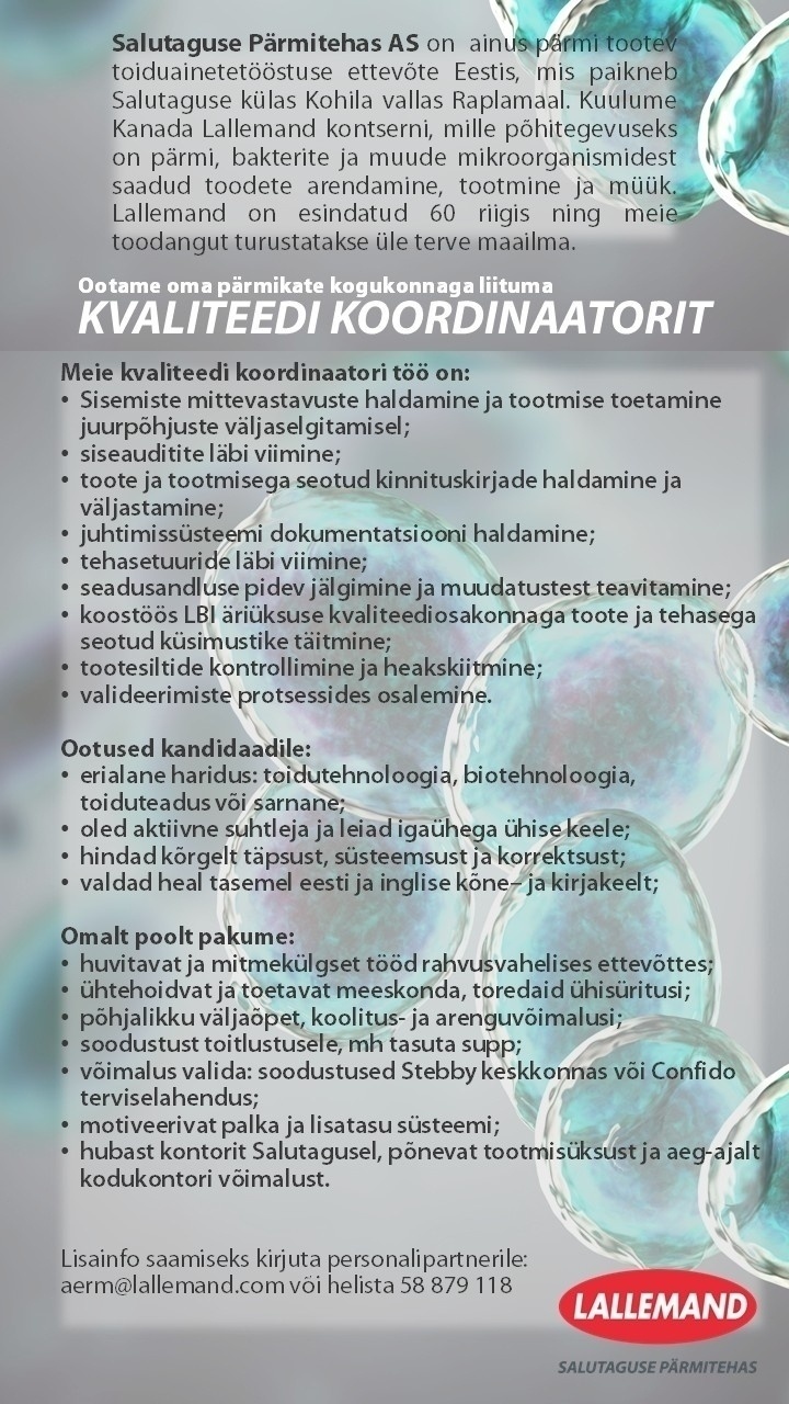 Salutaguse Pärmitehas AS Kvaliteedi koordinaator