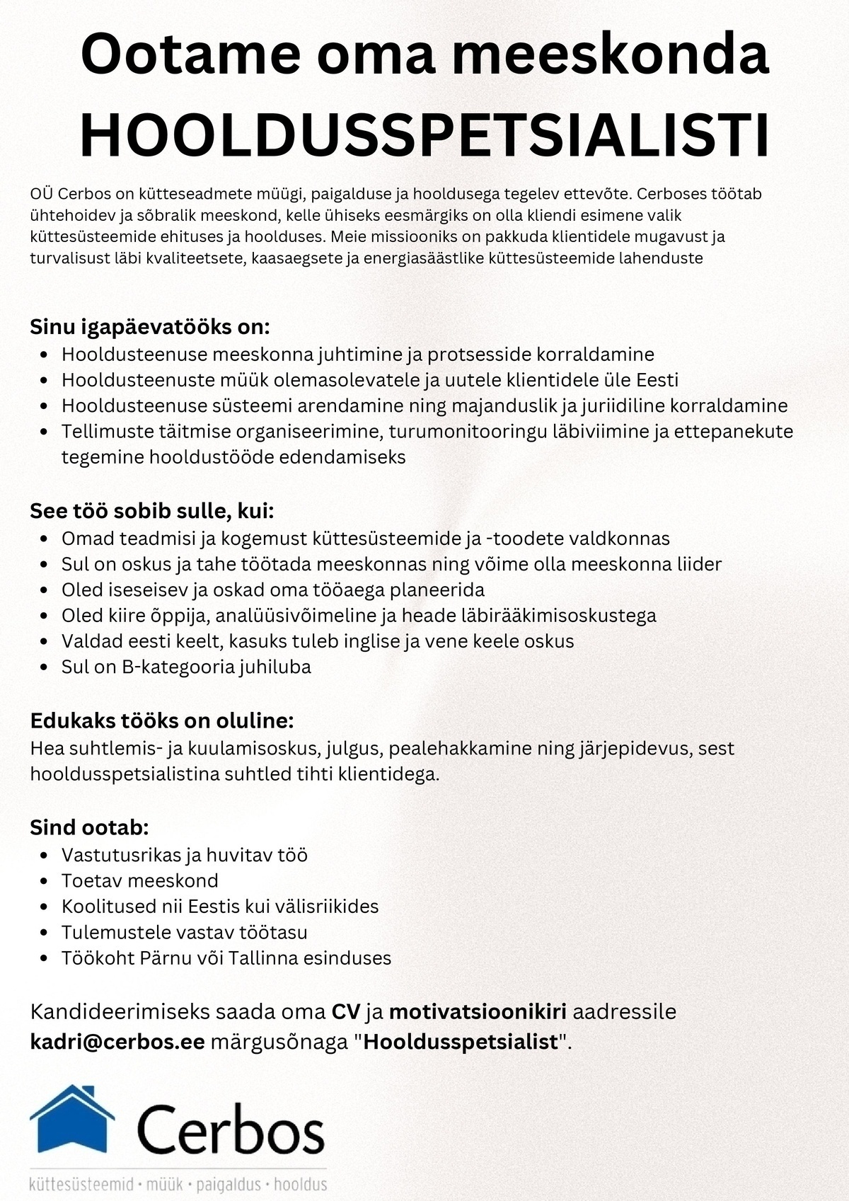 CERBOS OÜ Hooldusspetsialist