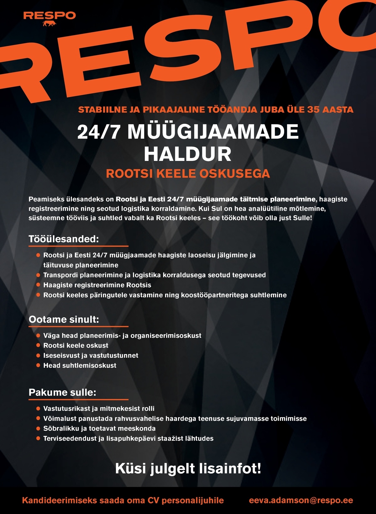 Respo Haagised AS ROOTSI KEELE OSKUSEGA 24/7 MÜÜGIJAAMADE HALDUR