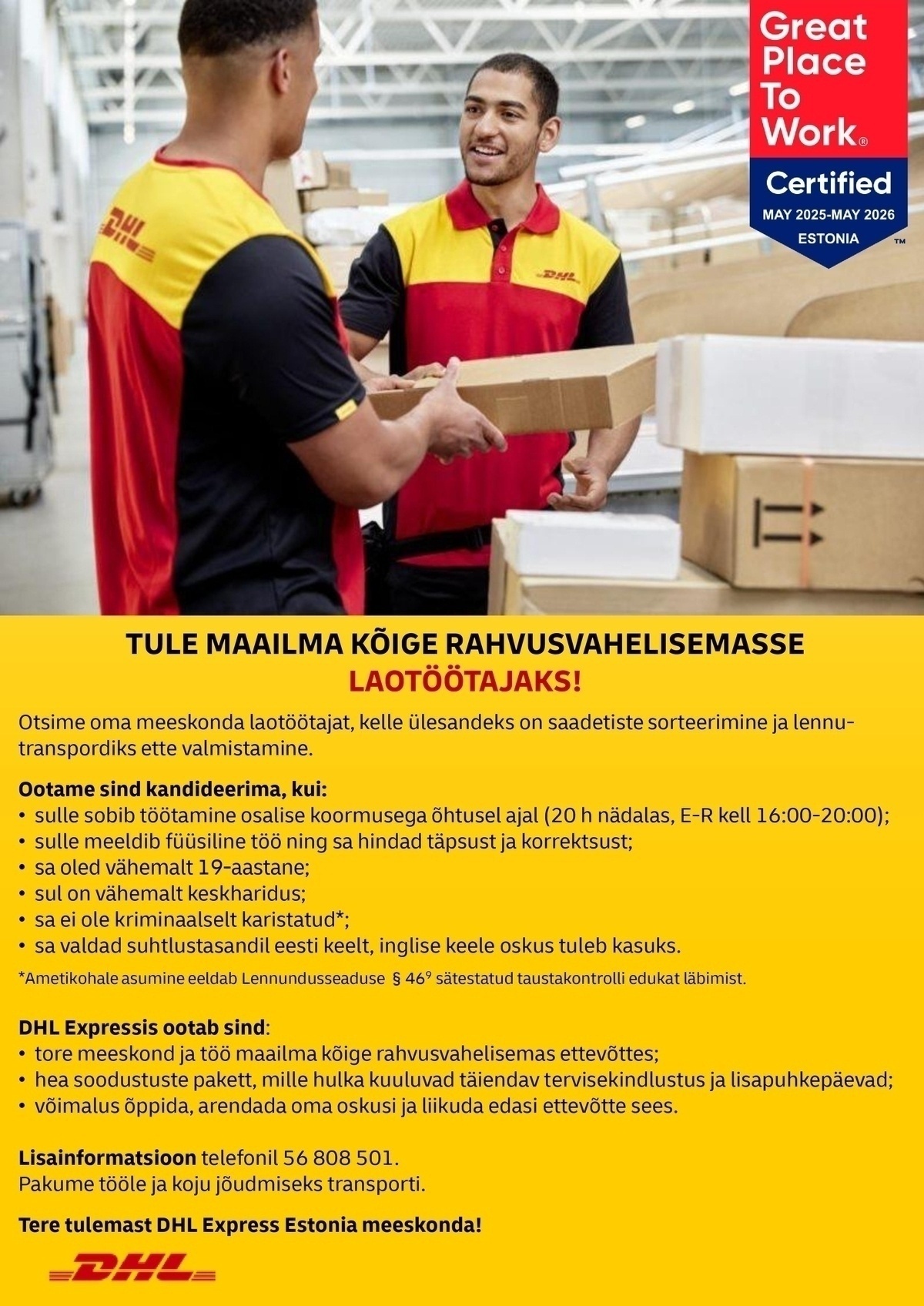 DHL Express Estonia AS Laotöötaja (osalise koormusega õhtusesse vahetusse)