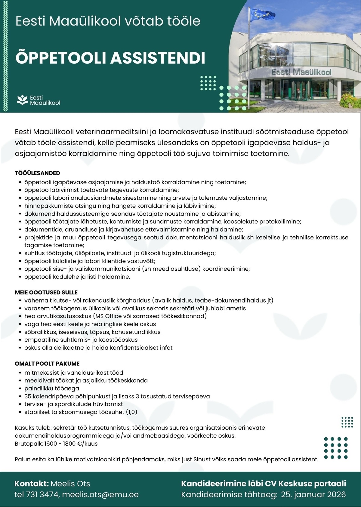 Eesti Maaülikool Õppetooli assistent