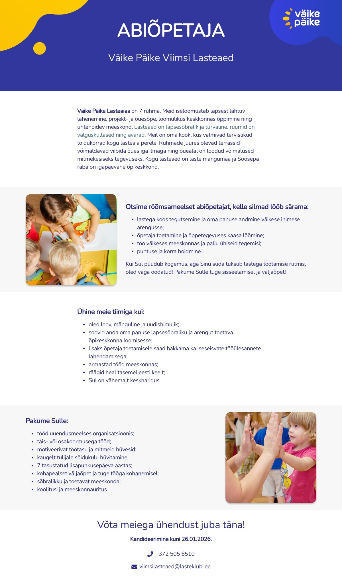 Lasteaed Väike Päike Viimsis Abiõpetaja