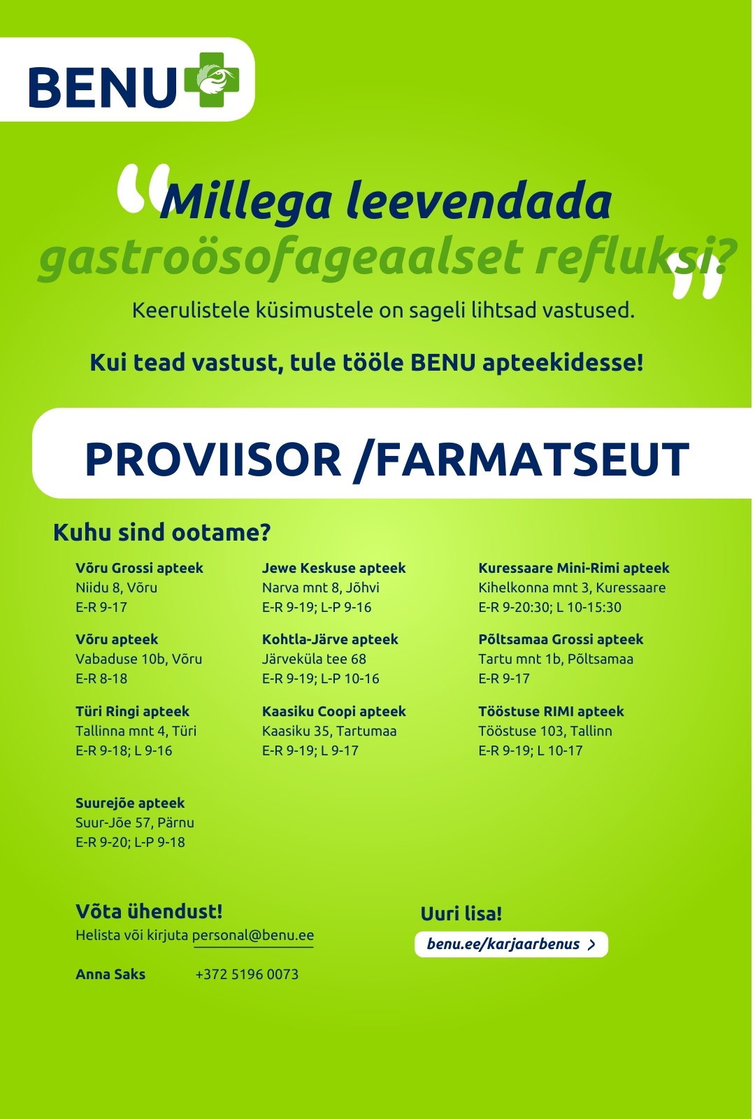 BENU Apteegid Proviisor/farmatseut BENU apteekidesse