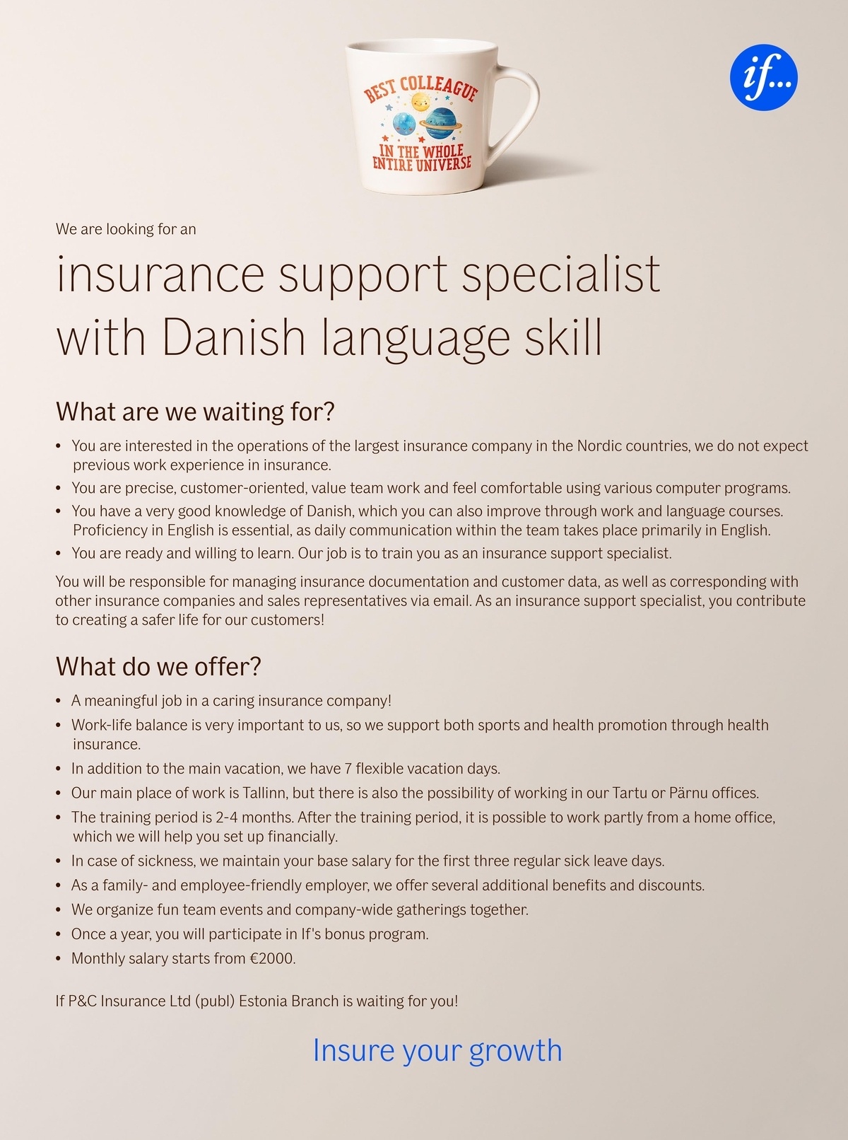 If P&C Insurance Ltd (publ) Branch Estonia Insurance Support Specialist with Danish language skill