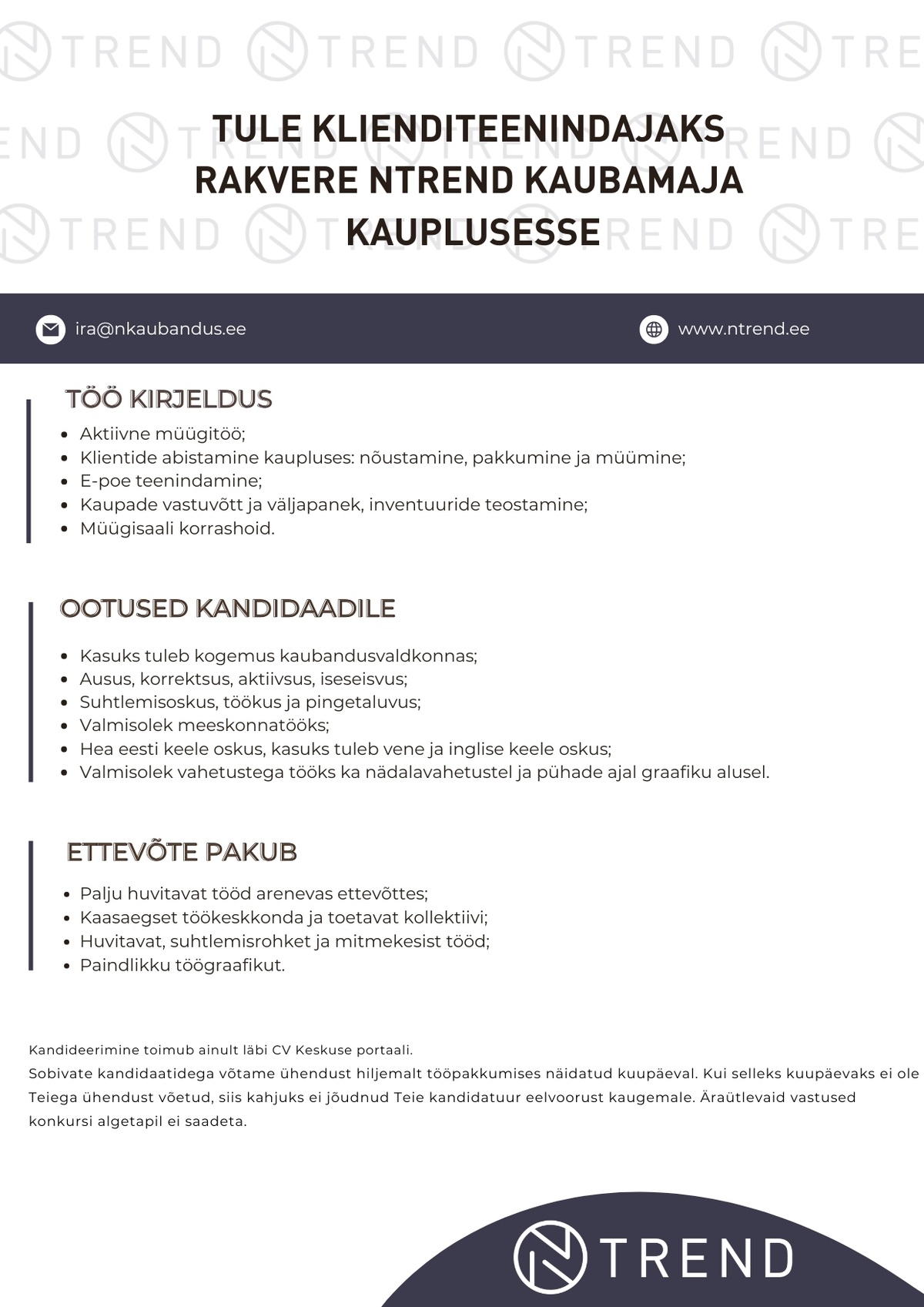 N-KAUBANDUS OÜ Tule klienditeenindajaks Rakvere NTrend Kaubamaja kauplusesse