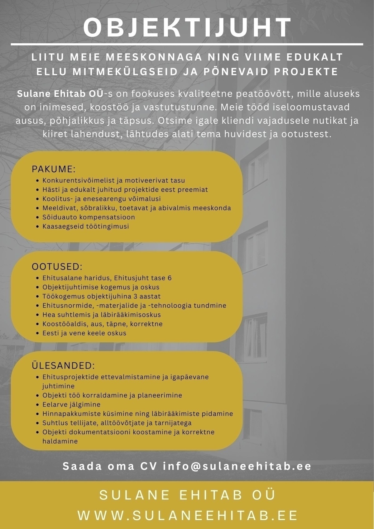 Sulane Ehitab OÜ Objektijuht