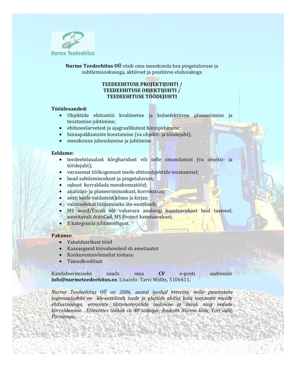 NURME TEEDEEHITUS OÜ Projekti-objekti-töödejuht