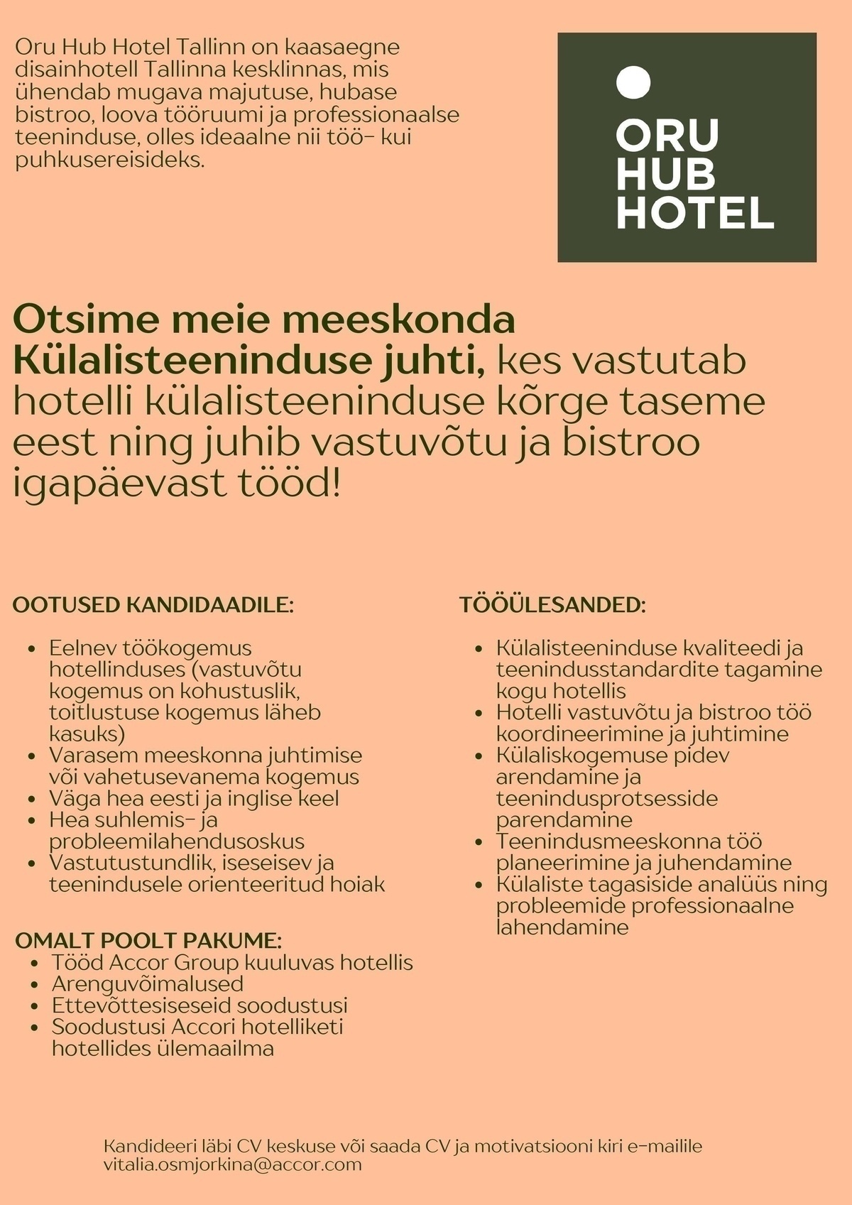 Oru Hub Hotel Tallinn Külalisteeninduse juht